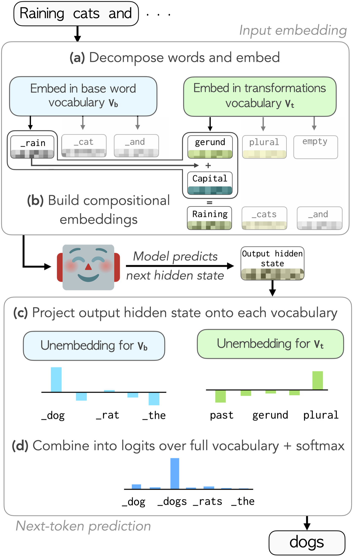 Method: (a) decompose words into base words and transformations and embed them, (b) sum into compositional embeddings, (c) project the output hidden state onto the base and transformation vocabularies, (d) combine into logits over the full vocabulary.