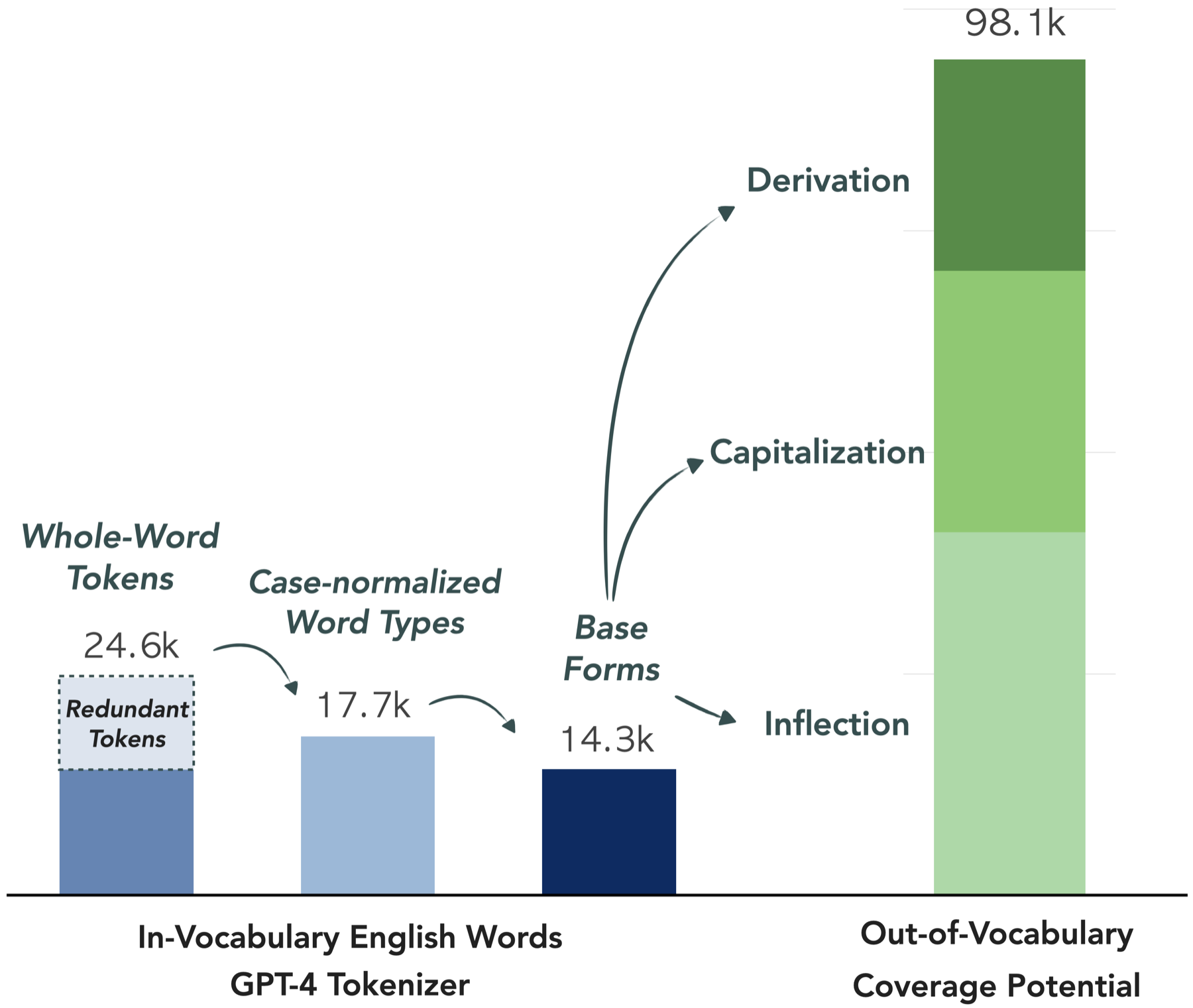 Left: 24.6k English word tokens in the GPT-4 tokenizer reduce to 17.7k without case and 14.3k base forms. Right: the same bases and transformations compose 98k out-of-vocabulary words.